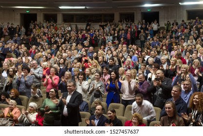 ODESSA, UKRAINE - October 9, 2019: Spectators In The Theater. Spectators Standing Ovation Favorite Artists At The Premiere Of The Play.