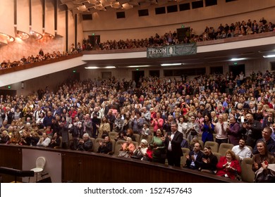 ODESSA, UKRAINE - October 9, 2019: Spectators In The Theater. Spectators Standing Ovation Favorite Artists At The Premiere Of The Play.