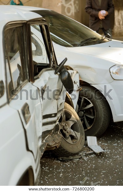 ODESSA, UKRAINE -\
September 30, 2017: car accident on highway.  traffic accident on\
street, damaged cars after collision in city.  road accident.\
Traffic jam. congestion