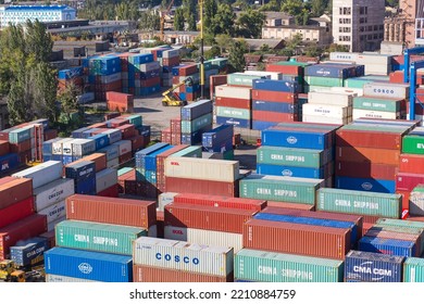 Odessa, Ukraine SIRCA 2018: Industrial Port With Containers.  Stacks Of Containers At Seaport Terminal