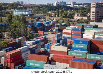 Odessa, Ukraine SIRCA 2018: Industrial Port With Containers.  Stacks Of Containers At Seaport Terminal