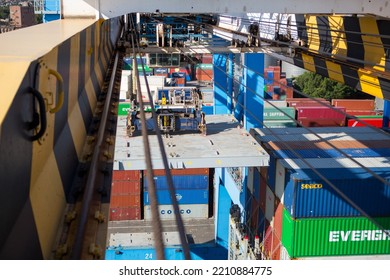 Odessa, Ukraine SIRCA 2018: Industrial Port With Containers.  Stacks Of Containers At Seaport Terminal