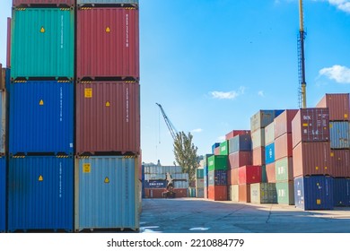 Odessa, Ukraine SIRCA 2018: Industrial Port With Containers.  Stacks Of Containers At Seaport Terminal