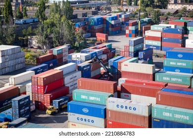 Odessa, Ukraine SIRCA 2018: Industrial Port With Containers.  Stacks Of Containers At Seaport Terminal