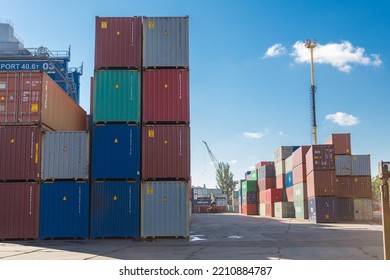 Odessa, Ukraine SIRCA 2018: Industrial Port With Containers.  Stacks Of Containers At Seaport Terminal