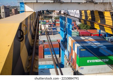 Odessa, Ukraine SIRCA 2018: Industrial Port With Containers.  Stacks Of Containers At Seaport Terminal