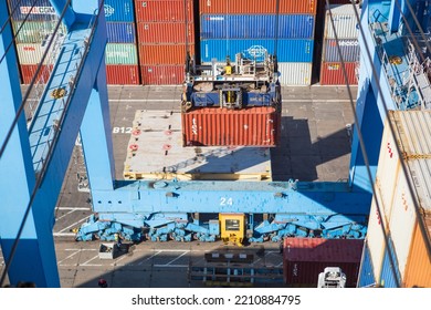 Odessa, Ukraine SIRCA 2018: Industrial Port With Containers.  Stacks Of Containers At Seaport Terminal