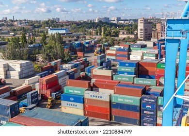 Odessa, Ukraine SIRCA 2018: Industrial Port With Containers.  Stacks Of Containers At Seaport Terminal