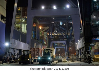 Odessa, Ukraine SIRCA 2019: Container Ship At Port Terminal. Containers Loading By Crane In Night , Trade Port. Container Operation In Port Series