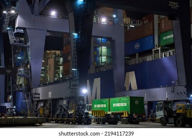 Odessa, Ukraine SIRCA 2019: Container Ship At Port Terminal. Containers Loading By Crane In Night , Trade Port. Container Operation In Port Series