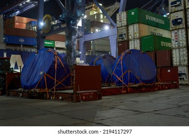 Odessa, Ukraine SIRCA 2019: Industrial Object On Flat Rack Container Box At Port Terminal In Night Time Waiting For Shipping At Harbour