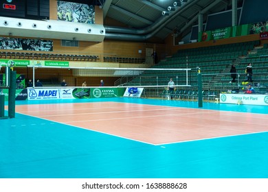 ODESSA, Yuzhny, UKRAINE - Febr 4, 2020. Women's European Volleyball Championship. Empty clean european volleyball court awaiting game