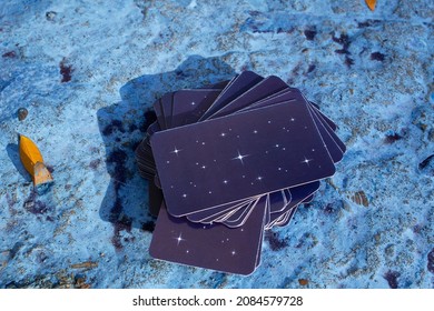 Odessa,Ukraine- November 03,2021:  Tarot Card  Rider Waite Esoteric Deck On Blue Color Stone Background Top View