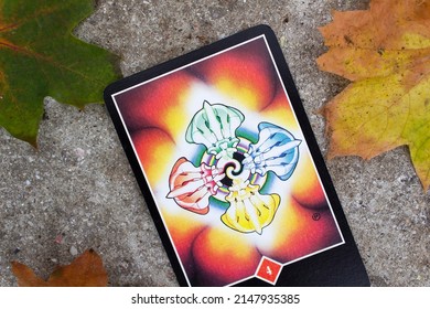 Odessa,Ukraine- October 31,2021: Four Of Fire Minor Tarot Arcana Card Of Osho Zen Esoteric Deck On Stone Background