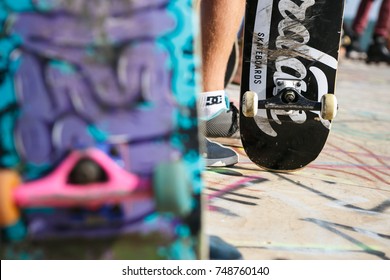 ODESSA,UKRAINE-1 AUGUST,2017:Skate Board Deck Close Up.Skateboarding Contest In Summer.Extreme Sports Background.Group Of Skater Boys With Boards Outdoor