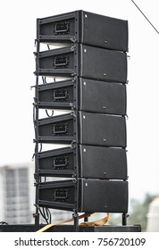 ODESSA,UKRAINE-21 AUGUST,2017:Big Music Speakers.Professional Stage Audio Equipment.Big Outdoor Concert Sound System For Summer Music Festival.