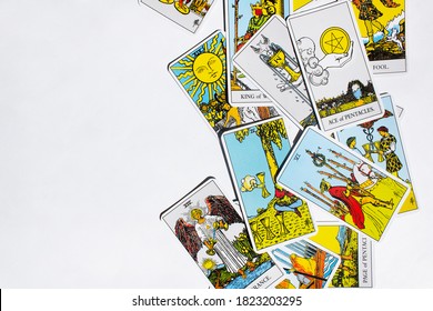 Odessa/Ukraine-August 28,2020: Tarot Cards Spread Esoteric Background Of  Rider Waite  Deck  