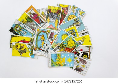 Odessa/Ukraine-July 25,2019:Tarot Cards Of Rider Waite Esoteric Deck On White Background 