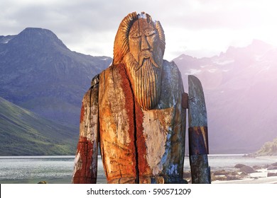 Odin isolated on the shore of fjord,sagas, mythology, monuments, idols, Odin, Scandinavia, creation the supreme god