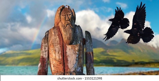 Odin made of wood and two horns of Huginn and Munin in flight