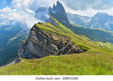 Odle mountains chain separating the  Funes valley from the Gardena valley  taken from the Seceda refuge  Italian alps