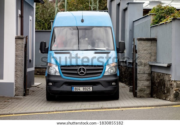 ODRY, CZECH REPUBLIC - OCTOBER 7, 2020: Frontal\
part of blue Mercedes-Benz Sprinter commercial van which is used\
for delivering goods