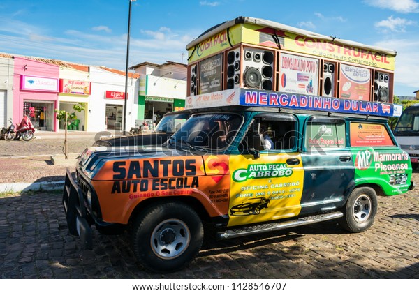 Oeiras, Brazil - Circa June 2019: A sound\
car used for advertising in the center of Oeiras - big source of\
noise pollution in Brazil still widely\
accepted
