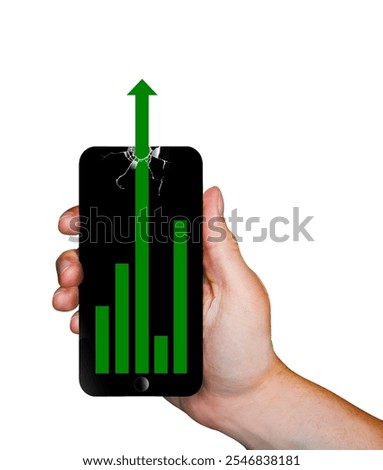 Off the charts is the theme of this hand holding a cell phone. One green arrow goes up so much it breaks through the glass on the cell phone screen. This could be financial or any other area 