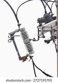 off load switch  Three-phase high-voltage fuses mounted on steel beams  Wire connection on concrete electric pole isolated on white background. Circuit breaker concept.