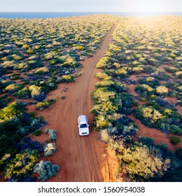 Off Road Desert Adventure, Car And Tracks On Sand In The Australian Outback.