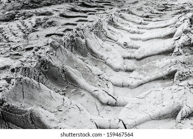 Off Road Tire Tracks On The Beach Sand.