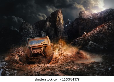 Off road vehicle coming out of a mud hole hazard,mud and water splash in off-road racing. - Shutterstock ID 1160961379