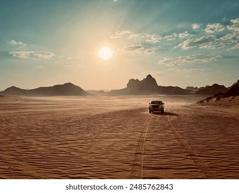 Off Roading during Sunset in the Desert of Wadi Rum 