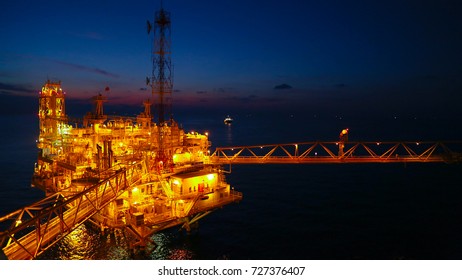 Off Shore Oil Rig Open At Night