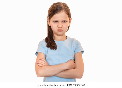 The Offended Girl Put Her Hands One By One. The Child Is Offended And Angry. Girl On A White Background