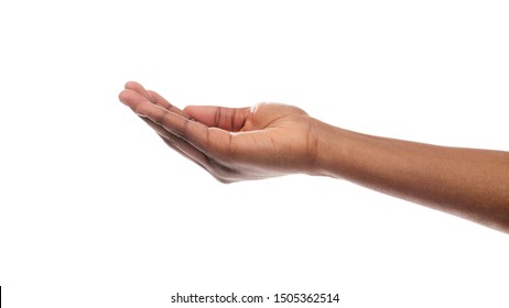 Offering or begging. Black woman's hand keeping empty cupped palm isolated on white background. Panorama with copy space