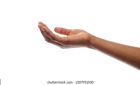 Offering Or Begging Concept. Closeup Of Black Female Hand Keeping Empty Cupped Palm Isolated On White Background.