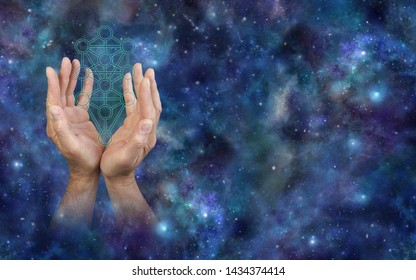 Offering the Kabbalah Tree of Life - male hands reaching up around the Kabbalah Tree of Life symbol outline against a cosmic deep space background
