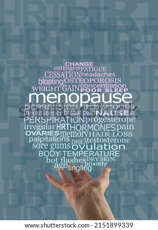 Offering a Menopause Word Cloud for your awareness campaign - open palm with a circular word cloud floating above against a grey  HRT text graphic background with copy space
