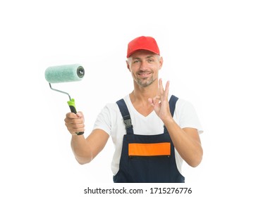 Offering Professional Painting Services. Painter Show Ok Sign Isolated On White. Color Man Hold Painting Tool. Interior And Exterior House Painting. Your Home Requires Fresh Painting.