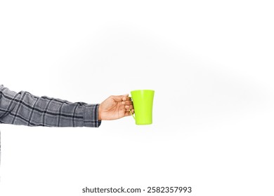 Offering Refreshment: Hand Holding a Bright Green Mug on White Backdrop