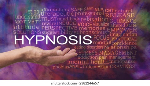 Offering you a Hypnosis service word cloud - female with open palm hand and the word HYPNOSIS above surrounded by relevant word cloud on a modern abstract background  
 - Powered by Shutterstock