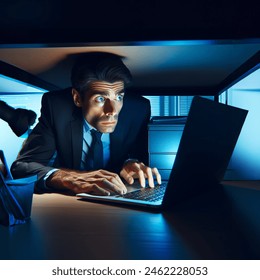 office ambient, a man using laptophidingly under the deck, scared face