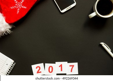 Office Black Desk With Christmas And New Year Decoration Top View