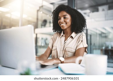 Office, black woman and journalist with laptop for research, typing and information for news article with technology. Workplace, computer and digital writer for planning, reading and creative writing