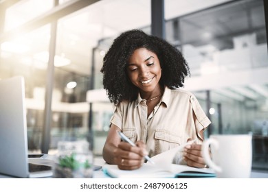 Office, black woman and journalist with notebook for writing, notes and information for news article with pen. Workplace, journal and female writer for planning, reading and research for story in job - Powered by Shutterstock