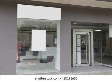 Office with blank showcase, hanging billboard
