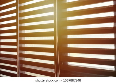 Office blinds. Modern wooden jalousie. Office meeting room lighting range control. Soft focus