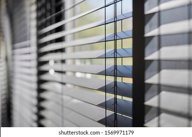 Office blinds. Modern wooden jalousie. Office meeting room lighting range control. - Shutterstock ID 1569971179