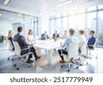 Office blur meeting room blurred background of blurry boardroom presentation with work desk for business discussion, corporate conference, enterprise seminar.Suitable for corporate and business themes